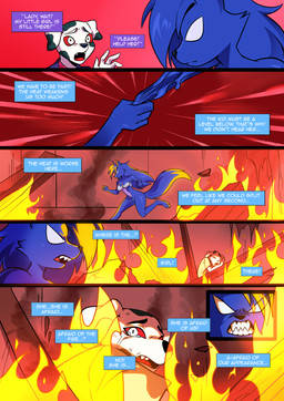 anthro blue_body clenched_teeth dialogue female fire hell male teeth text venom white_eyes kato777 hellaverse helluva_boss marvel loona_(helluva_boss) she-venom venom_(marvel) canid canine canis dalmatian domestic_dog humanoid mammal symbiote absurd_res comic crossover hi_res