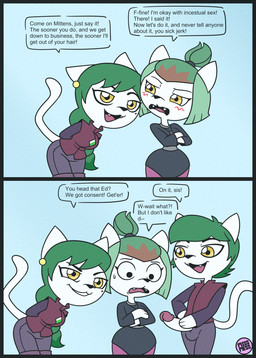 alternate_species anthro clothed clothing dialogue ear_piercing erection female fur furrification genitals glans green_hair group hair imminent_incest imminent_rape imminent_sex male markings mole_(marking) orientation_play penis penis_poking_out piercing smile speech_bubble stated_incest surprised tail text trio white_body white_fur yellow_eyes missmess disney the_owl_house amity_blight edric_blight emira_blight domestic_cat felid feline felis mammal comic english_text hi_res brother_(lore) brother_and_sister_(lore) incest_(lore) sibling_(lore) sister_(lore) sisters_(lore)