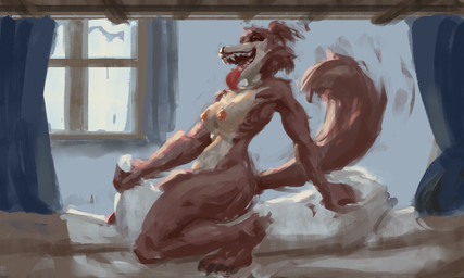 ahegao anthro breasts clitoral clitoral_rubbing female grinding looking_pleasured masturbation nude pillow pillow_humping smile solo text monduck beastars juno_(beastars) canid canine canis mammal wolf 5:3 absurd_res digital_media_(artwork) hi_res