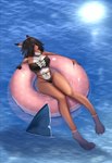 4_toes 5_fingers anthro big_breasts bikini black_bikini black_clothing black_ear_tips black_feet black_fingers black_hair black_nose black_swimwear bodily_fluids breasts brown_body brown_fur clothed clothing dipstick_ears ear_markings ears_back eyebrows eyes_closed feet female fingers floating floating_on_water foot_in_water fur hair happy inflatable inner_tube looking_pleasured medium_hair multicolored_body multicolored_ears navel orange_body pivoted_ears reflection sea seaside shark_fin smile solo swim_ring swimming swimwear toes two-piece_swimsuit two_tone_body water water_background water_ripples white_body white_fur yourumi yurika_(yourumi) canid canine canis fish fox humanoid mammal marine shark hi_res