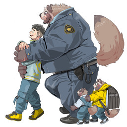 anthro backpack belt big_bulge black_clothing black_footwear black_hair black_shoes blue_bottomwear blue_clothing blue_jacket blue_overalls blue_pants blue_shirt blue_topwear blush bottomwear brown_body brown_fur bulge claws clothing ear_piercing ear_ring ear_stud facial_scar finger_claws footwear fur gay_dads green_eyes group hair hand_scar holster human_on_anthro interspecies jacket kemono larger_anthro larger_male leg_grab lip_scar male male/male overalls overweight overweight_male pants piercing ring_(jewelry) ring_piercing scar shaved_sides shirt shoes size_difference smaller_human smaller_male sneakers snout snout_scar tail topwear yellow_clothing yellow_footwear yellow_jacket_(clothing) yellow_shoes yellow_topwear young young_anthro young_male chan_kiti_chan canid canine human mammal raccoon_dog tanuki 1:1 2023 hi_res father_(lore) father_and_child_(lore) father_and_son_(lore) parent_(lore) parent_and_child_(lore) parent_and_son_(lore) son_(lore)