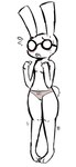 anthro areola blush bodily_fluids breasts buckteeth clothed clothing digitigrade embarrassed eyewear female fur glasses long_ears medium_breasts navel open_mouth panties round_glasses scut_tail short_tail simple_background solo standing sweat tail teeth underwear wearing_glasses white_background white_body white_fur yattermang nan_quest kimberly_bowerman lagomorph mammal pika 2010