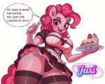 anthro anthrofied big_breasts black_clothing black_panties black_underwear blue_eyes blush bottomwear breasts cake cake_slice clothed clothing cutie_mark cutlery dessert dialogue female food food_on_face fork front_view hair holding_fork holding_object holding_plate kitchen_utensils legwear long_hair looking_at_viewer looking_down low-angle_view maid_uniform open_mouth panties pink_body pink_hair pink_tail simple_background skirt solo speech_bubble standing stockings tail text tools underwear uniform upskirt white_background juxi friendship_is_magic hasbro my_little_pony pinkie_pie_(mlp) earth_pony equid equine horse mammal pony absurd_res english_text hi_res portrait signature three-quarter_portrait