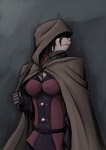 anthro cloak clothing dark_hair fantasy female holding_object hood hood_up looking_away simple_background solo za-owl elwyna_(za-owl) domestic_cat felid feline felis mammal 2022 absurd_res hi_res