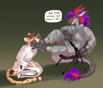 anthro biped breath chair claws clothed clothing duo feet folding_chair foot_fetish foot_on_face fur furniture hair horn male male/male martial_arts_uniform on_chair panting pink_horn purple_hair sitting sitting_on_chair sportswear tail tail_tuft text tuft boypretties mythology cheetah dragon felid feline mammal mythological_creature mythological_scalie scalie absurd_res english_text hi_res