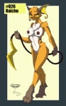 2011 anthro anthrofied breasts brown_nipples chest_tuft collaboration digitigrade female fur generation_1_pokemon genitals hashtag holding_tail id_number looking_at_viewer mammal mingchee navel nintendo nipples notorious84 nude number pinup pokemon pokemon_(species) pokemorph pose pussy raichu rodent solo species_name tail text the_pokedex_project tuft