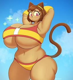 anthro anthrofied big_breasts blush blush_lines bodily_fluids bra breasts brown_hair cleavage clothed clothing eyelashes female hair hands_behind_head huge_breasts huge_hips huge_thighs hyper hyper_breasts navel panties red_eyes simple_background sky solo sports_bra sweat tail tan_body thick_thighs under_boob underwear whiskers wide_hips dr.dewott gameoverse glitch_productions kit_bodega domestic_cat felid feline felis mammal 2026 colored digital_drawing_(artwork) digital_media_(artwork) hi_res shaded