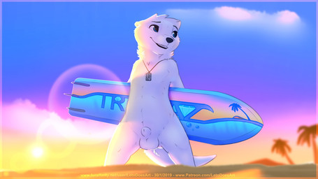 animal_genitalia anthro balls beach biped black_lips black_nose blue_eyes casual_nudity cloud day dog_tags eyebrows fully_sheathed fur genitals hair holding_object holding_surfboard jewelry jewelry_only lens_flare light lips looking_aside male necklace necklace_only nude nude_beach open_mouth open_smile outdoor_nudity outside palm_tree plant sand seaside sheath short_hair sky smile snout solo sun sunlight sunset surfboard tail teeth text thick_tail tree vehicle watercraft white_balls white_body white_fur white_hair white_sheath white_tail letodoesart pebble_(letodoesart) mammal mustelid otter 16:9 2019 url widescreen
