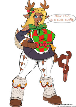 accessory anthro antlers bell big_breasts blonde_hair boots bottomwear bow_(feature) bow_accessory bow_ribbon breasts christmas_clothing clothed clothing curvy_figure female footwear freckles fully_clothed fur hair holidays horn looking_at_viewer pants ranged_weapon shoes skirt slingshot solo thick_thighs weapon wide_hips vexxyvex christmas deltarune undertale_(series) noelle_holiday deer mammal new_world_deer reindeer absurd_res hi_res