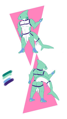4_fingers 4_toes animal_genitalia animal_penis anthro biped blue_clothing blue_footwear blue_gloves blue_handwear blue_socks butt clothing feet fingerless_gloves fingers footwear genitals gloves green_body handwear harness lgbt_pride male nude penis pride_colors simple_background socks solo standing tail teal_body teeth toeless_footwear toeless_socks toes vincian_pride_colors aquatic fish shark 9:16 hi_res