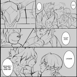 anthro apologetic bangs black_nose blush blush_lines butler butler_outfit caressing_cheek caressing_face chest_harness claws clothing comic_panel dialogue duo embarrassed eye_patch eyewear finger_claws fingerless_gloves fluffy fluffy_chest fluffy_tail formal_clothing formal_wear gloves hair hair_over_eye handwear harness human_on_anthro human_on_anthro_romance inner_ear_fluff interspecies larger_anthro long_bangs long_sleeve_shirt looking_at_another looking_at_partner male male/male muzzle_(object) one_eye_obstructed prosthetic prosthetic_leg prosthetic_limb rolled_up_sleeves romantic romantic_confession simple_background size_difference smile speech_bubble tail text touching_leg tuft vy_feehily mihoyo zenless_zone_zero von_lycaon wise_(zenless_zone_zero) canid canine canis human mammal wolf black_and_white comic english_text hi_res monochrome multiple_scenes