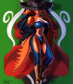 abstract_background anthro big_breasts black_clothing black_gloves black_handwear black_jacket black_topwear blue_clothing blue_panties blue_topwear blue_tube_top blue_underwear boots breasts brown_boots brown_clothing brown_footwear brown_hair cleavage clothed clothing cosplay cross cross_necklace curvy_figure facial_horn female fingerless_gloves footwear front_view gloves hair handwear hat hat_over_eyes headgear headwear horn hourglass_figure jacket jewelry long_hair long_tail multicolored_body multicolored_scales necklace nose_horn orange_body orange_scales panties scales shoes small_waist smile solo sombrero spiked_tail spikes spikes_(anatomy) tail tan_body tan_scales thick_thighs topwear tube_top two_tone_body two_tone_scales underwear voluptuous voluptuous_anthro voluptuous_female wide_hipped_anthro wide_hipped_female wide_hips beltimerperbus cavemanon_studios goodbye_volcano_high king_of_fighters ko_op_(game_developer) snk snoot_game angel_(king_of_fighters) rosa_(gvh) aquilops ceratopsian dinosaur marginocephalian ornithischian prehistoric_species reptile scalie 2025 digital_drawing_(artwork) digital_media_(artwork) hi_res signature