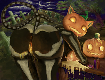 anthro anus bent_over big_breasts big_butt bodily_fluids breasts butt candle cemetery crescent_moon female food for_a_head fruit genitals jack-o'-lantern looking_at_viewer looking_back looking_back_at_viewer moon night open_mouth open_smile orange_body orange_eyes plant pumpkin rear_view smile solo thick_thighs unusual_bodily_fluids vulva wax wide_hips mayateat epic_games fortnite spice_(fortnite) domestic_cat felid feline felis mammal object_head