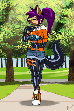 anthro big_breasts black_bodysuit black_clothing black_latex black_skinsuit bodily_fluids bodysuit bottomwear breasts brown_body brown_fur clothed clothed_anthro clothed_female clothing collar female footwear fur hair hoodie latex latex_bodysuit latex_clothing latex_skinsuit outside plant purple_hair shoes shorts skinsuit solo sweat tail tight_clothing topwear tree lettuce_(artist) erica_hartley canid canine fox mammal 2026 absurd_res hi_res trans_(lore) trans_woman_(lore)