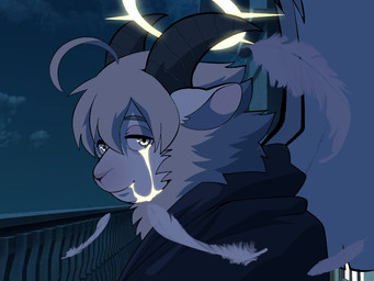 2_horns anthro black_clothing black_hoodie black_horn black_topwear blood blood_from_eye blood_from_mouth blood_in_mouth bodily_fluids bottomless closed_smile clothed clothing colored_blood detailed_background feathered_wings feathers fluffy fur glistening glistening_eyes hair halo hoodie hoodie_only horn looking_at_viewer loose_feather male mouth_closed neck_tuft pupils smile snout solo tan_body tan_fur tan_hair tired_eyes topwear topwear_only tuft unusual_blood unusual_bodily_fluids white_body white_sclera white_skin wings yellow_blood yellow_eyes conditional_dnp erobos bogg_(erobos) angel bovid caprine mammal sheep 2025 4:3 absurd_res colored digital_drawing_(artwork) digital_media_(artwork) flat_colors headshot_portrait hi_res portrait shaded