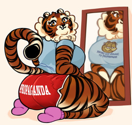 anthro big_breasts black_ears blue_clothing blue_topwear bottomwear breasts butt butt_focus cheek_tuft clothed clothed_anthro clothed_female clothing curled_tail facial_markings facial_tuft female footwear hands_in_lap head_markings hotpants inner_ear_fluff looking_at_viewer looking_back markings mirror mirror_reflection neck_tuft orange_eyes pink_clothing pink_footwear pink_socks pose red_bottomwear red_clothing red_shorts reflection shadow shorts simple_background sitting sitting_on_legs small_ears socks solo striped_body striped_face striped_legs striped_thighs stripes suggestive_pose tail tail_under_clothing topwear tuft white_background white_hands white_inner_ear white_inner_ear_fluff highlandkall you_are_not_immune_to_propaganda naomi_(highlandkall) felid mammal pantherine tiger 2024 colored digital_drawing_(artwork) digital_media_(artwork) hi_res meme