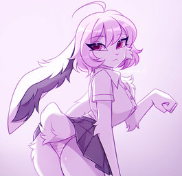 ahoge anthro bangs bottomwear butt cheek_tuft chest_tuft clothing eyebrows facial_tuft female fur hair long_ears looking_back miniskirt panties pattern_bottomwear pattern_clothing pattern_panties pattern_underwear pink_eyebrows pink_eyes pink_hair pink_nose shirt short_hair skirt solo striped_bottomwear striped_clothing striped_panties striped_underwear stripes tail topwear tuft underwear white_body white_clothing white_fur white_shirt white_topwear 3rdperson_iz lagomorph leporid mammal rabbit colored digital_drawing_(artwork) digital_media_(artwork) hi_res shaded