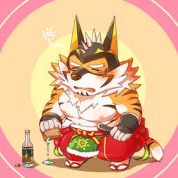 alcohol anthro barazoku beverage blush chibi drunk male mask muscular muscular_anthro muscular_male nipples pecs solo substance_intoxication superhero jadenord lifewonders live_a_hero ryekie_(live_a_hero) felid mammal pantherine tiger 1:1 hi_res