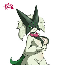 anthro breast_curtains breasts female female_anthro fur green_body green_fur hair half-closed_eyes narrowed_eyes navel nipple_outline nude seductive simple_background smile solo standing tail teeth bronybran nintendo pokemon felid feline generation_9_pokemon mammal meowscarada pokemon_(species) 1:1 digital_media_(artwork) hi_res
