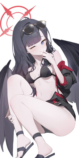 back_wings bare_shoulders belt bent_arm bent_legs bikini black_bikini black_bottomwear black_clothing black_coat black_hair black_shorts black_swimwear black_topwear black_wings blue_eyes blush bottomwear breasts clothed clothing coat collarbone eyewear eyewear_on_head female female_humanoid footwear hair halo hand_on_mouth long_hair medium_breasts midriff navel one_eye_closed partially_clothed sandals shoes shorts simple_background sitting smile solo sunglasses sunglasses_on_head swimwear topwear two-piece_swimsuit wearing_sunglasses white_background wings akirayang23 blue_archive nexon nakamasa_ichika angel angel_humanoid humanoid absurd_res hi_res