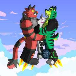 anthro black_boots black_clothing black_footwear blush boots clothing flying footwear fur glistening glistening_boots glistening_clothing glistening_footwear green_body green_fur group male male/male red_body red_fur rocket_boots sandwiched shoes sky skyscape trio overkelion nintendo pokemon seth_(wolfpuptk) tahu_(incineroar) zalno felid generation_7_pokemon incineroar mammal pokemon_(species) prehistoric_species saber-toothed_tiger 1:1 hi_res