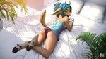 anthro barefoot bed blue_hair breasts clothed clothing day ear_piercing eyebrows eyelashes feet female fingers flesh_tunnel furniture gauged_ear hair hooves horn inside lying on_bed on_front panties piercing smile solo underwear unguligrade_anthro oini layla_(mrdirt) antelope bovid gazelle mammal 16:9 2022 digital_media_(artwork) full-length_portrait hi_res portrait widescreen