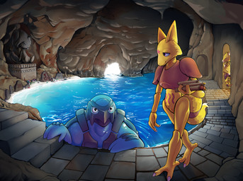 ambiguous_gender anthro big_ears blue_body cave detailed_background half-closed_eyes inside looking_at_another multicolored_body narrowed_eyes plantigrade sand sculpture sea_cave shell smile statue stone_floor tail two_tone_body walking water yellow_body tauphie nintendo pokemon pokemon_mystery_dungeon spike_chunsoft abra carracosta fossil_pokemon generation_1_pokemon generation_5_pokemon kadabra pokemon_(species) absurd_res hi_res