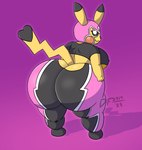 anthro big_breasts big_butt black_clothing black_nose black_sclera breasts butt cast_shadow clothing cosplay_pikachu_(costume) eyeshadow female hand_on_butt huge_butt looking_at_viewer looking_back makeup mask nipple_outline pink_clothing pink_eyeshadow pink_mask presenting presenting_hindquarters rear_view red_cheeks short_stack simple_background smile solo spandex sports_mask sportswear tail thick_thighs tight_clothing white_eyes wrestling_mask wrestling_outfit yellow_body yellow_ears yellow_tail decentfailure2319 nintendo pokemon pikachu_libre susie_(reathe) generation_1_pokemon pikachu pokemon_(species) 2023 cel_shading digital_drawing_(artwork) digital_media_(artwork) hi_res shaded