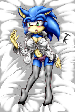 anthro bed big_breasts biped blue_body blue_fur breasts breathing camel_toe clothed clothing crossgender female footwear fur furniture green_eyes legwear mtf_crossgender navel open_mouth panties shirt shoes skimpy solo stockings tan_body tan_fur teeth tongue topwear underwear tailzkim sega sonic_the_hedgehog_(series) sonic_the_hedgehog eulipotyphlan hedgehog mammal 2015 2:3 digital_media_(artwork) hi_res