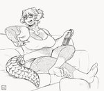 belly bottle breasts cleavage clothed clothing container eyewear female footrest footwear furniture glasses holding_bottle holding_container holding_object logo navel on_sofa open_mouth ring round_glasses scales scaly_tail shirt simple_background sitting sitting_on_sofa slightly_chubby smile socks sofa solo tail tank_top topwear wearing_glasses white_background chimeracauldron final_fantasy final_fantasy_xiv square_enix au_ra humanoid scalie artist_logo hi_res monochrome