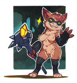 3_toes 4_fingers anthro armwear breasts brown_body brown_fur claws clothing crotch_tuft curvy_figure elbow_gloves eyewear featureless_breasts feet female fingers fur gesture gloves goggles handwear holding_object holding_weapon legwear mender mostly_nude_female narrowed_eyes navel shortstack shortstack_female smile solo squint standing thigh_highs toe_claws toes toothy_grin tuft waving weapon polygoncherub grey_havens spiral_knights gremlin_(spiral_knights) mammal 2026 alternate_version_at_source digital_media_(artwork) hi_res