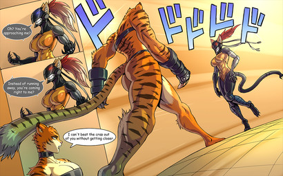 anthro armwear barefoot black_armwear black_clothing black_legs black_tail breasts butt cleavage clothed clothing duo feet female fur machine markings orange_body orange_butt orange_ears orange_fur orange_tail parody skimpy striped_arms striped_body striped_butt striped_fur striped_legs striped_markings striped_tail stripes tail tail_markings text walking luigiix jojo's_bizarre_adventure menacing_approach stardust_crusaders wild_(ionic44) felid mammal pantherine robot tiger 16:10 english_text meme widescreen