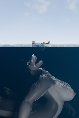 anthro bikini clothing duo female imminent_vore macro male male/female pool_toy sea swimwear two-piece_swimsuit vore_implied water c127tgtfs aquatic canid canine fish fox mammal shark 2:3 absurd_res hi_res