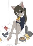 anthro chips_(food) clothed clothing eating female food kemono pawpads pizza solo vreparty mcdonald's hiraragi_akane domestic_cat felid feline felis mammal absurd_res hi_res