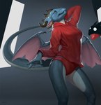 anthro bad_dragon clothing conditional_dnp dragon duke_(bad_dragon) ear_piercing ear_ring female hi_res janine_(bad_dragon) latex_(artist) membrane_(anatomy) membranous_wings multicolored_body mythological_creature mythological_scalie mythology panties piercing red_clothing red_panties red_sweater red_topwear red_underwear ring_piercing scalie solo standing sweater topwear two_tone_body underwear wings