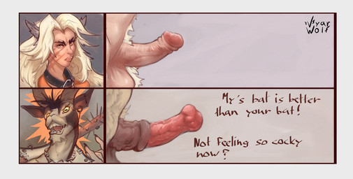 animal_genitalia animal_penis anthro ball_tuft balls baseball_bat bat_(object) blonde_hair chain chart clothing collar comparing comparing_penis crotch_tuft devil_horns_(gesture) dialogue duo ear_piercing ear_ring equine_genitalia equine_penis front_view genitals gesture glowing glowing_eyes gynomorph hair hand_gesture horizontal_pupils horn humanoid_genitalia humanoid_penis intersex jacket jewelry looking_at_viewer male nails necklace penis penis_chart penis_size_comparison piercing pubes pupils ring_piercing side_view simple_background text topwear tuft vyarwolf deadlock_(game) penis_lineup valve billy_(deadlock) lilah_silver bovid caprine goat human mammal absurd_res bust_portrait english_text hi_res portrait