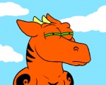 cloud green_sclera half-closed_eyes horn humor male narrowed_eyes orange_body sky solo squint stripes tattoo toony vorry comedy_central futurama mythology vorry_(character) dragon mythological_creature mythological_scalie scalie icon meme reaction_image traced