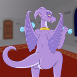 anthro anus blush bodily_fluids butt detailed_background dumbbell exercise female genitals inside jewelry looking_at_viewer membrane_(anatomy) membranous_wings nude pendant smile solo sweat tail vulva weights wings sharkinwaves mythology reversal_of_the_heart dragon mythological_creature mythological_scalie scalie 1:1 hi_res