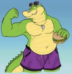 anthro belly bottomwear burger clothing eyewear eyewear_on_head food humanoid_hands male purple_clothing purple_swimming_trunks purple_swimwear simple_background slightly_chubby solo sunglasses sunglasses_on_head swimming_trunks swimwear unsafescapewolf brok_the_investigator cowcat_games brok_(brok_the_investigator) alligator alligatorid crocodilian reptile scalie 2023 hi_res