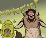 anthro ash_cinderwolf duo ear_stalk female flehmen_response humor male male/female text yelling nanochetha dreamworks shrek_(series) donkey_(shrek) shrek_(character) asinus donkey equid equine humanoid hybrid mammal ogre zebra zebroid zonkey hi_res meme