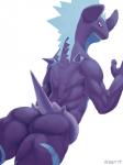 anthro butt looking_at_viewer looking_back male simple_background solo white_background rinzy nintendo pokemon generation_8_pokemon low_key_toxtricity pokemon_(species) scalie toxtricity 2019 3:4 hi_res signature