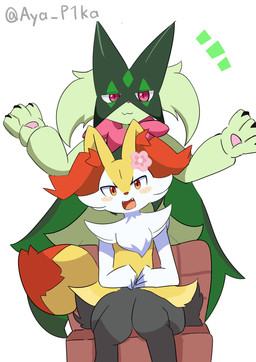 3_fingers :3 ambiguous_anthro ambiguous_gender anthro arm_tuft biped black_body black_claws black_fur blush blush_lines blush_stickers cheek_tuft chest_tuft claws closed_smile cute_fangs digitigrade dipstick_tail duo emanata facial_tuft fangs finger_claws fingers flat_chested flower_hair_accessory fur green_body green_fur hip_tuft looking_at_viewer markings mouth_closed multicolored_body multicolored_fur nude_ambiguous nude_anthro open_mouth open_smile orange_body orange_eyes orange_fur orange_nose orange_tail_tip pink_nose red_eyes shoulder_tuft simple_background sitting smile standing tail tail_markings teeth tongue tuft twitter_handle two_tone_tail white_background white_body white_fur yellow_body yellow_fur yellow_tail aya_tsuji nintendo pokemon braixen canid felid generation_6_pokemon generation_9_pokemon mammal meowscarada pokemon_(species) 2023 absurd_res cel_shading colored digital_drawing_(artwork) digital_media_(artwork) hi_res shaded signature
