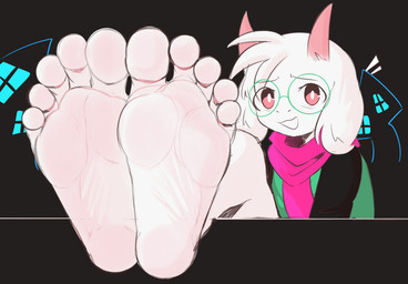 2_horns 5_toes anthro clothing eyewear feet feet_up foot_fetish foot_focus fur glasses green_clothing green_eyewear green_glasses green_robe horn humanoid_feet long_ears looking_at_viewer male pink_eyes pink_horn pink_scarf plantigrade robe scarf sitting soles solo toes wearing_glasses white_body white_fur dunce-leaf deltarune undertale_(series) ralsei bovid caprine darkner goat mammal hi_res