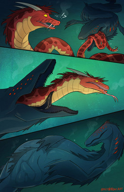 belly big_belly black_internal blue_belly blue_fin blue_hair duo female feral feral_pred feral_prey hair male male/male male_pred male_prey noodle_vore oral_vore red_body red_eyes red_hair swimming tail_first underwater vore water yellow_eyes spicynoodleart reptile scalie sea_monster snake 2025 comic hi_res