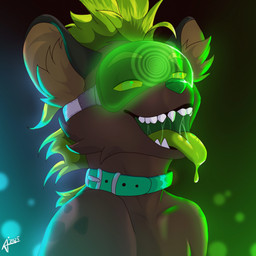 anthro bodily_fluids collar fangs hypnotic_eyes hypnotic_visor lights male mohawk open_mouth saliva solo spiral spiral_eyes teeth tongue tongue_out aristar hyena mammal 1:1 absurd_res hi_res