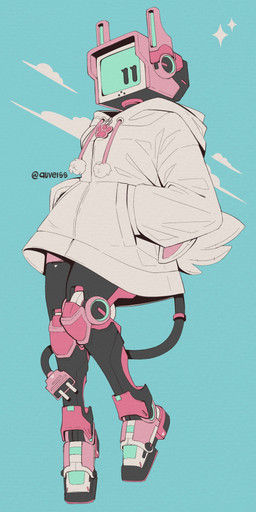 ambiguous_gender cable clothing female hand_in_pocket hoodie jacket machine not_furry pink_body pockets pose scut_tail short_tail solo sticker tail topwear auveiss aveline_(auveiss) humanoid robot robot_humanoid 2025 absurd_res digital_media_(artwork) hi_res