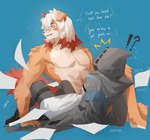 anthro blush convenient_censorship duo exclamation_point faceless_character female hood horn implied_nudity male muscular muscular_male paper question_mark sitting thigh_strap acheki arknights hypergryph studio_montagne hung_(arknights) canid canine canis domestic_dog mammal hi_res