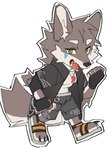 anthro chibi clothing footwear fur grey_body grey_fur keychain looking_at_viewer male sandals shoes solo white_body white_fur yellow_eyes viosgit canid canine canis mammal wolf 2021