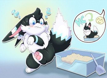 ambiguous_gender black_body black_fur blue_eyes fur litter_box pawpads question_mark solo white_body white_fur nid15 fakemon nintendo pokemon fan_character canid canine domestic_cat felid feline felis fox hybrid mammal 2025 hi_res