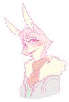 anthro buckteeth cheek_tuft clothing facial_tuft female fur hair head_tuft inner_ear_fluff jacket kerchief pink_body pink_fur pink_hair smile solo tan_body tan_fur teeth topwear tuft saffronic nintendo star_fox lucy_hare lagomorph leporid mammal rabbit